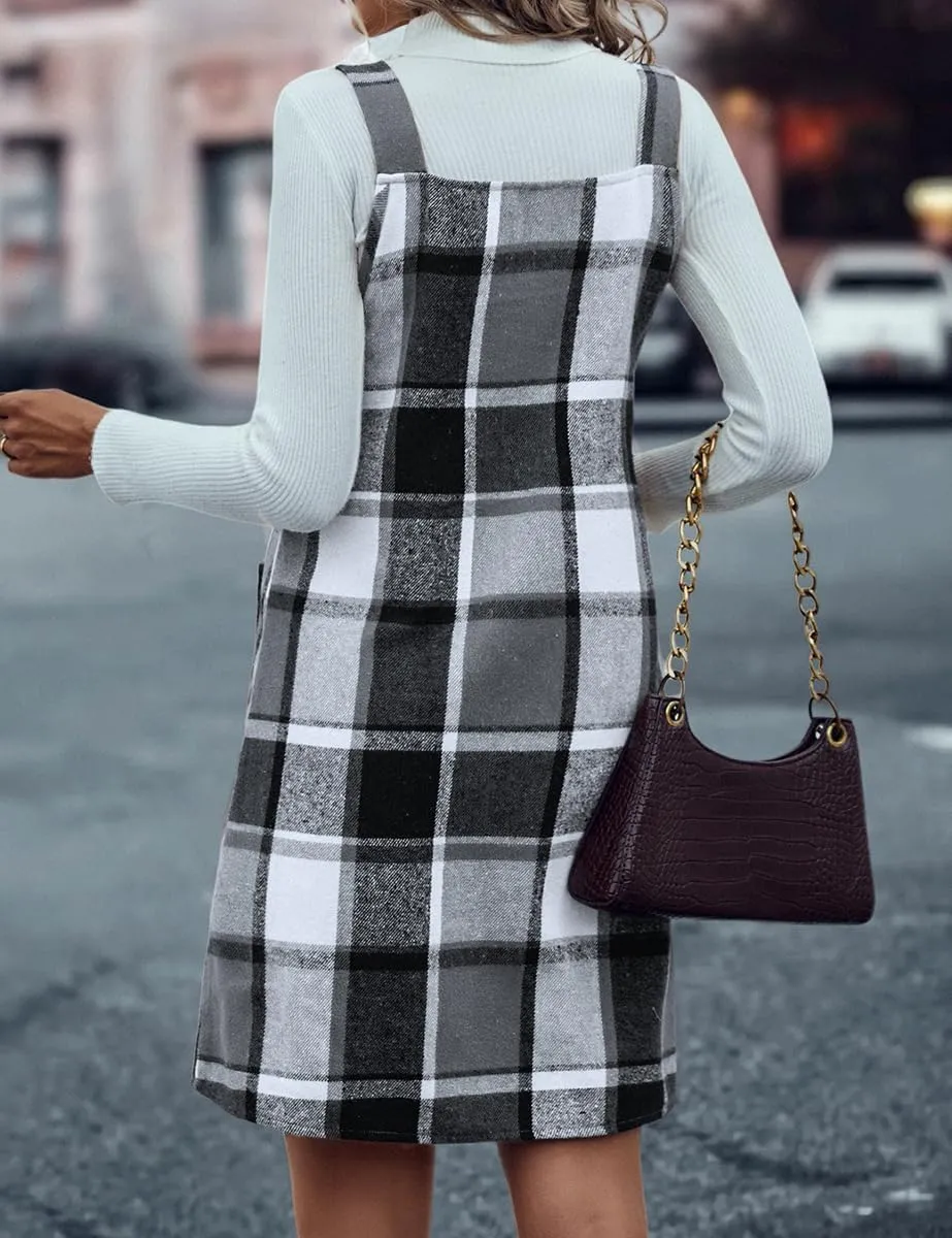 IDEALSANXUN Plaid Overall Dress for Women Fall Winter Sleeveless Plaid Dresses with Pockets