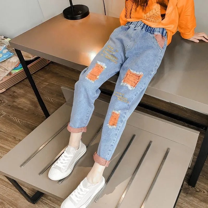 Kids Girls Autumn Casual Pants Spring Printing Kids Girls Children Jeans - GJN0158