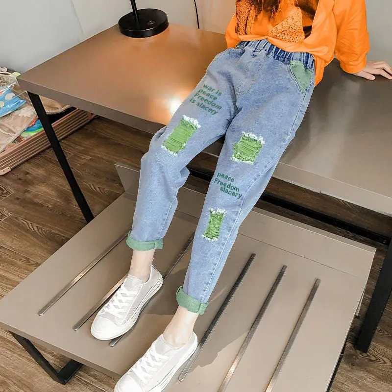 Kids Girls Autumn Casual Pants Spring Printing Kids Girls Children Jeans - GJN0158