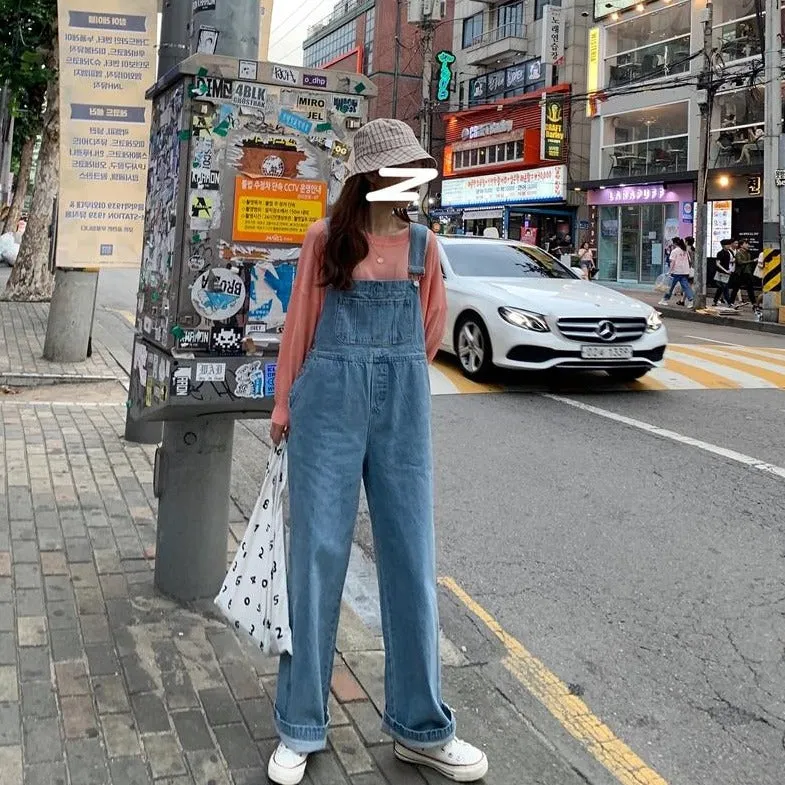 [Korean Style] Gedia Loose Fit Denim Wide Leg Jumpsuit Romper