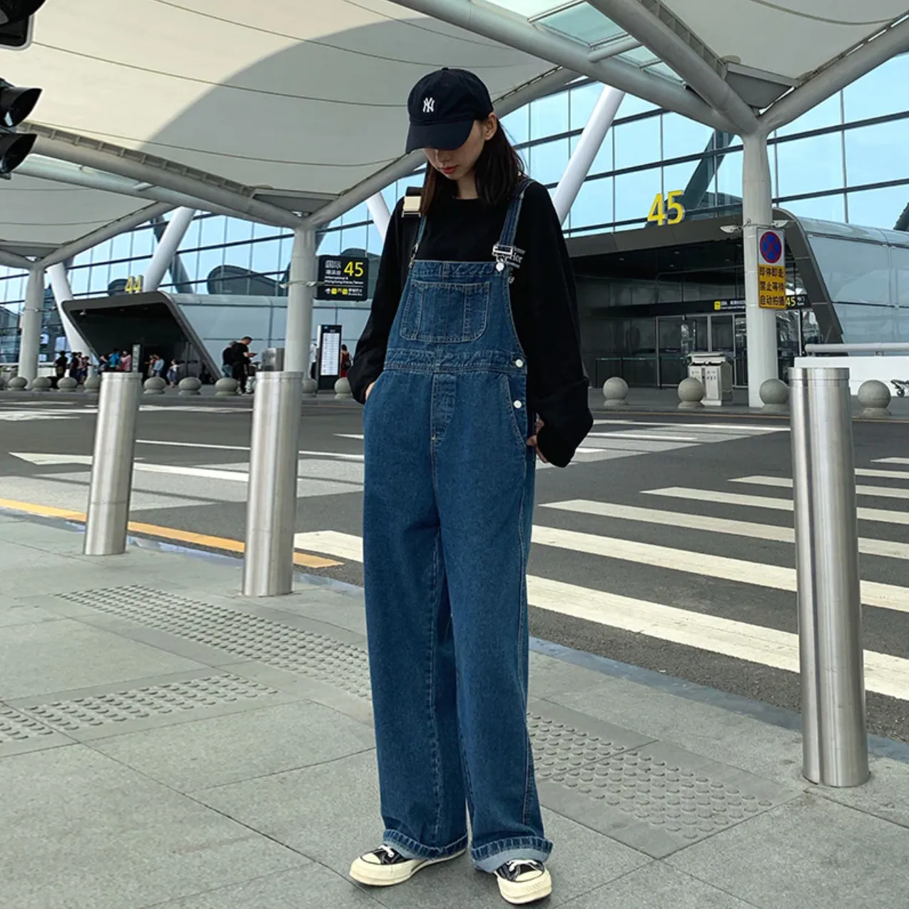 [Korean Style] Gedia Loose Fit Denim Wide Leg Jumpsuit Romper