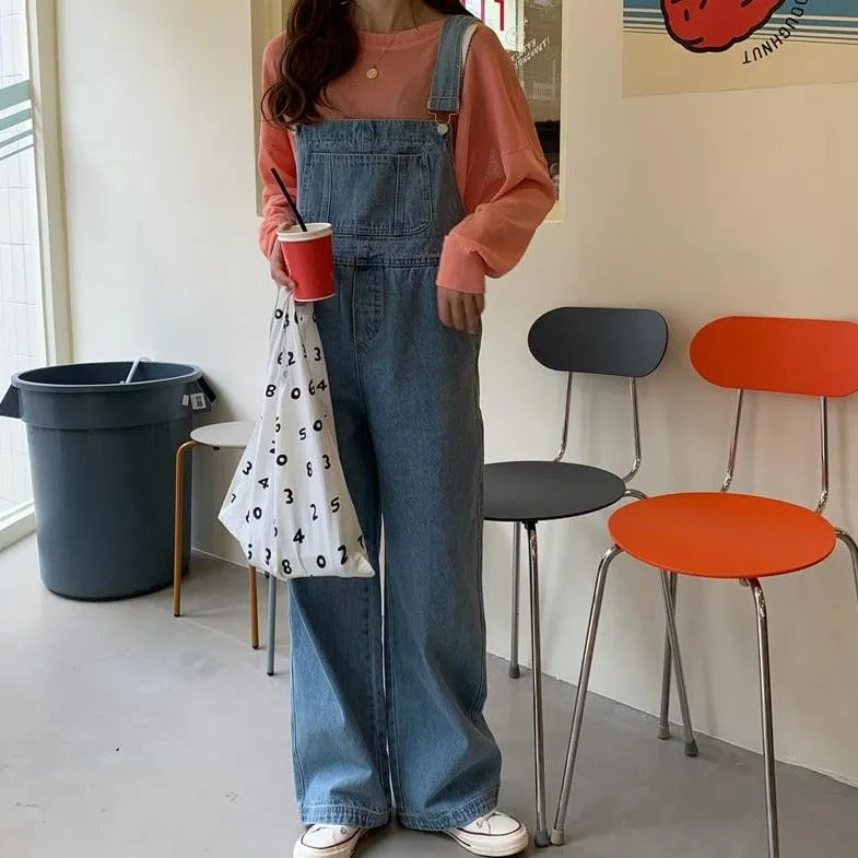 [Korean Style] Gedia Loose Fit Denim Wide Leg Jumpsuit Romper