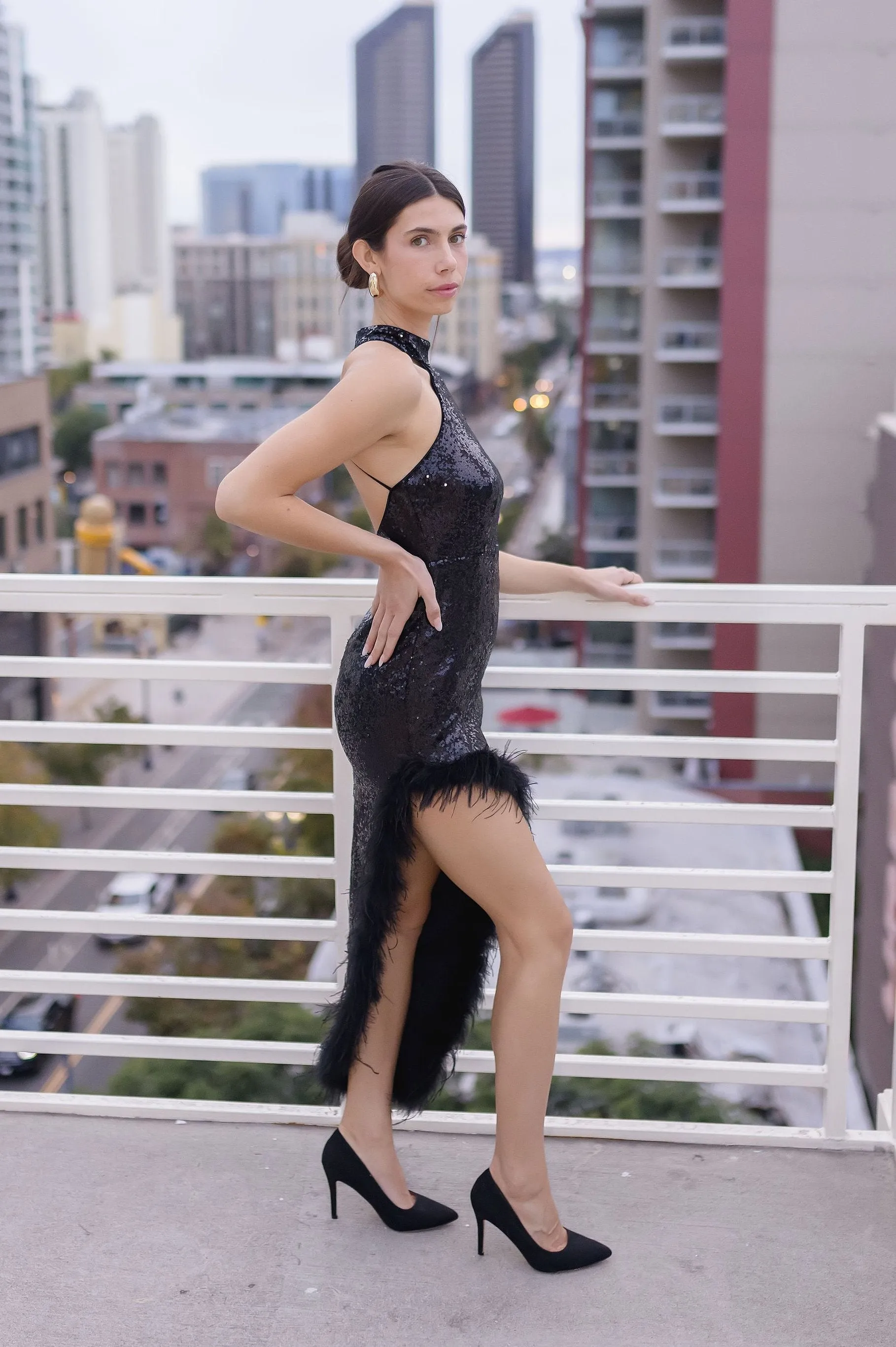 Luna Halter Sequin Feather Midi Dress Black