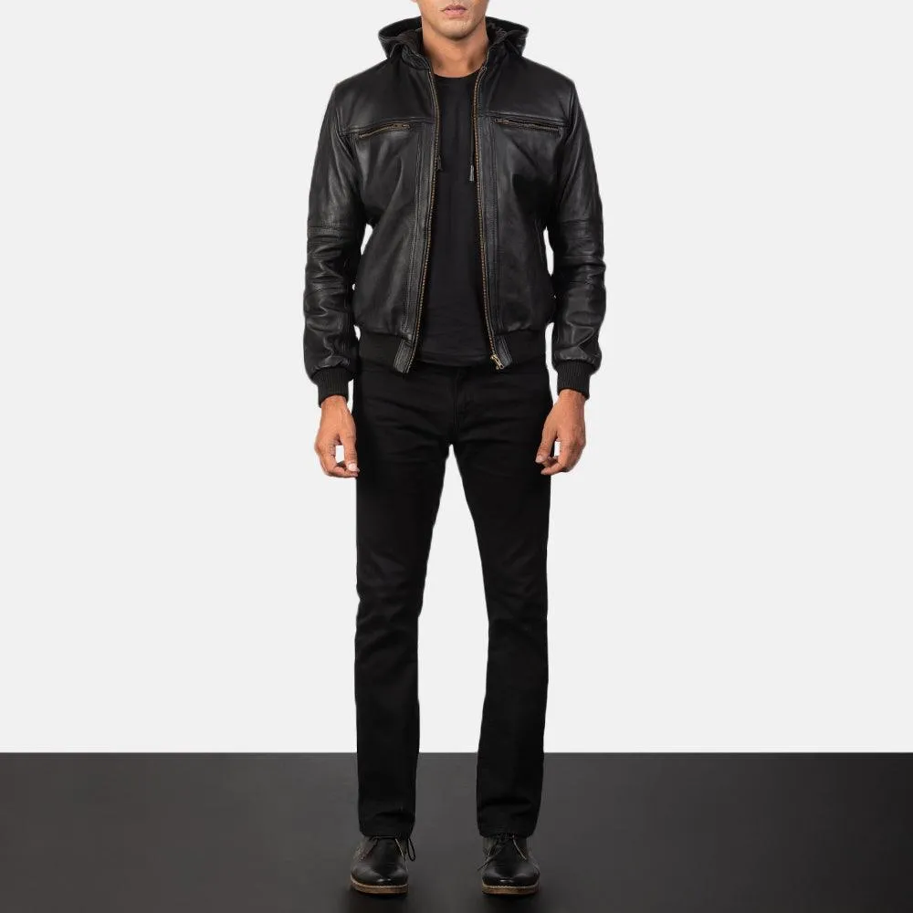 Mens Black Leather Hooded Jacket
