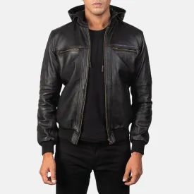Mens Black Leather Hooded Jacket