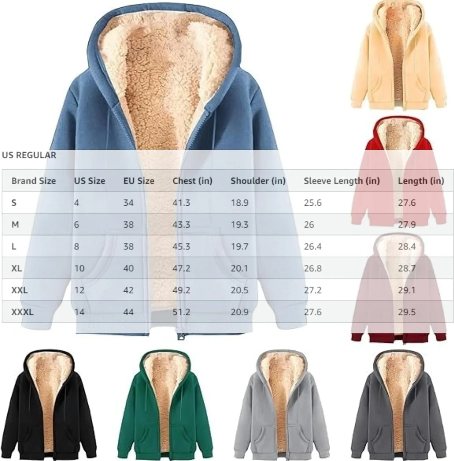 Mens Hoodies Oversized Fleece Lined Hooded Sweatshirts Long Sleeve Full Zip Thermal Winter Warm Outerwear 2024