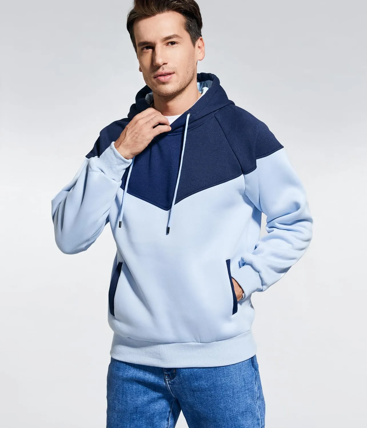 Men's Midweight Fleece Pullover Hoodies Casual Color Block Hooded Sweatshirt with Pockets