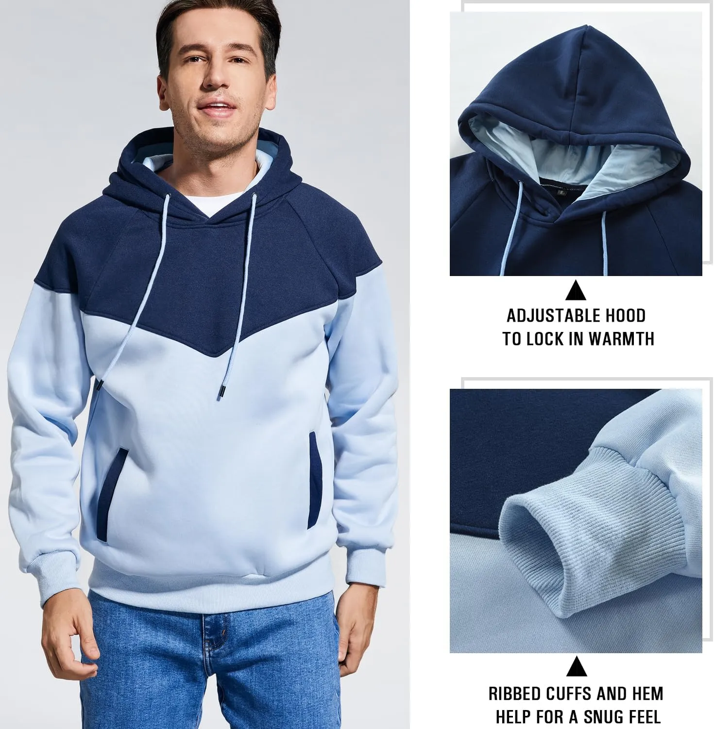 Men's Midweight Fleece Pullover Hoodies Casual Color Block Hooded Sweatshirt with Pockets