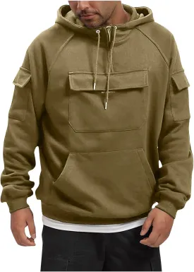 Men's Vintage Multi Pocket Hoodies Classic Casual Loose Fit Hoodies Fall Winter Soild Color Long Sleeve Sweatshirt