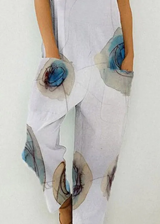 Modern Blue Slash Neck Print Overalls Jumpsuit Summer LY3920