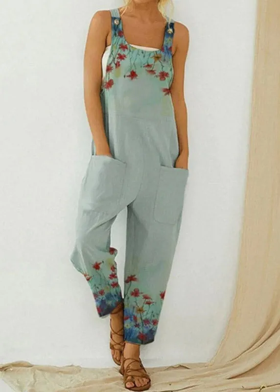 Modern Blue Slash Neck Print Overalls Jumpsuit Summer LY3920