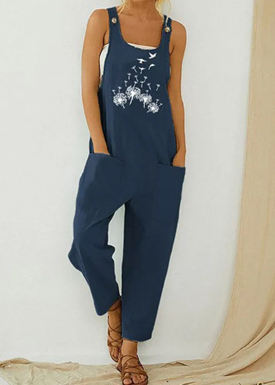 Modern Blue Slash Neck Print Overalls Jumpsuit Summer LY3920