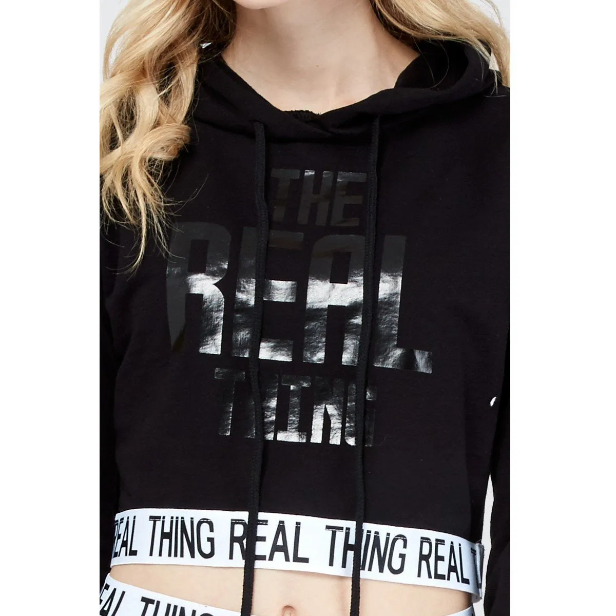 Mono black elastic hem cropped hoodie