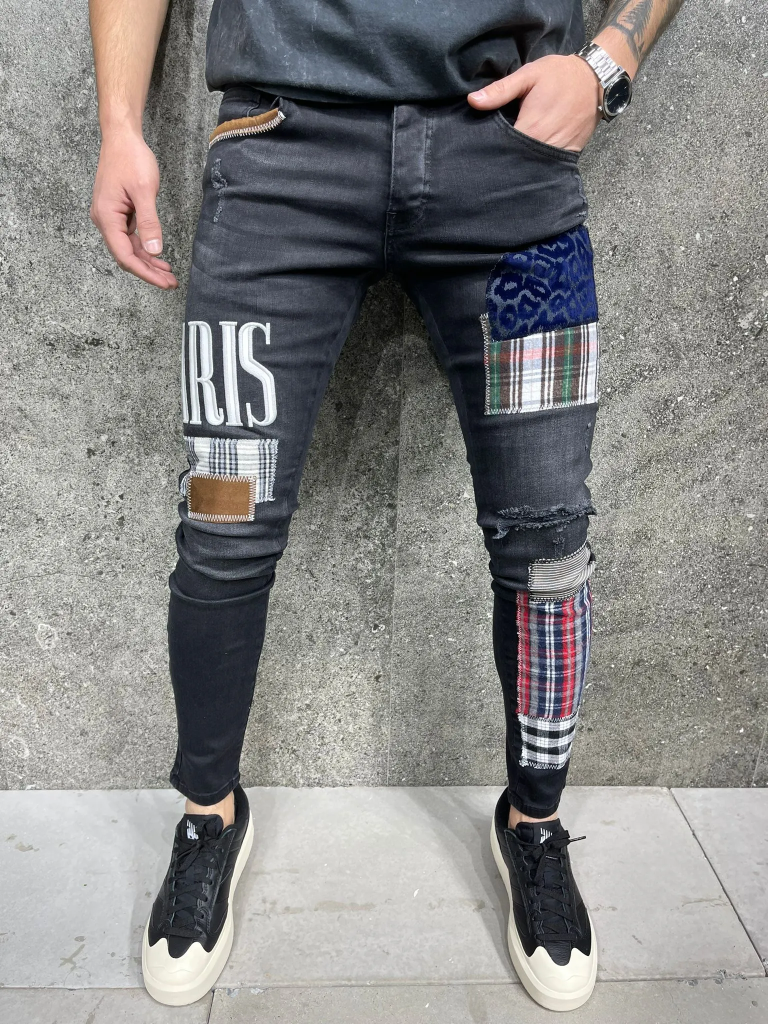 PARIS Patchwork Skinny Ripped Jeans - Black Y19