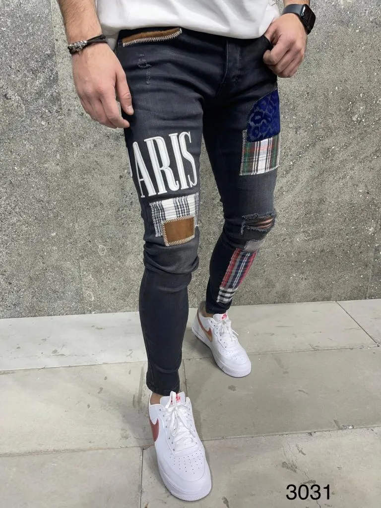 PARIS Patchwork Skinny Ripped Jeans - Black Y19