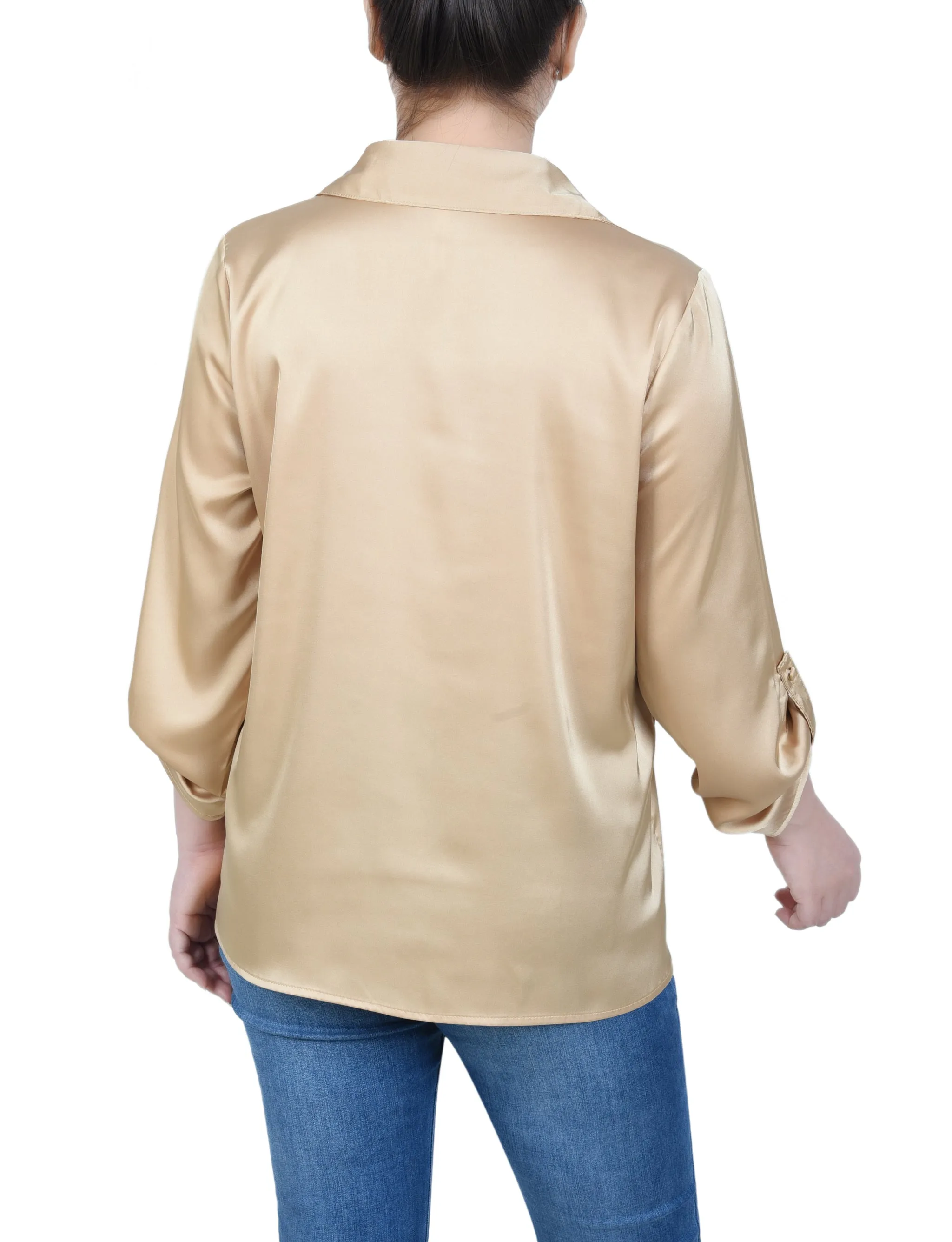 Petite 3/4 Sleeve Roll Tab Satin Blouse
