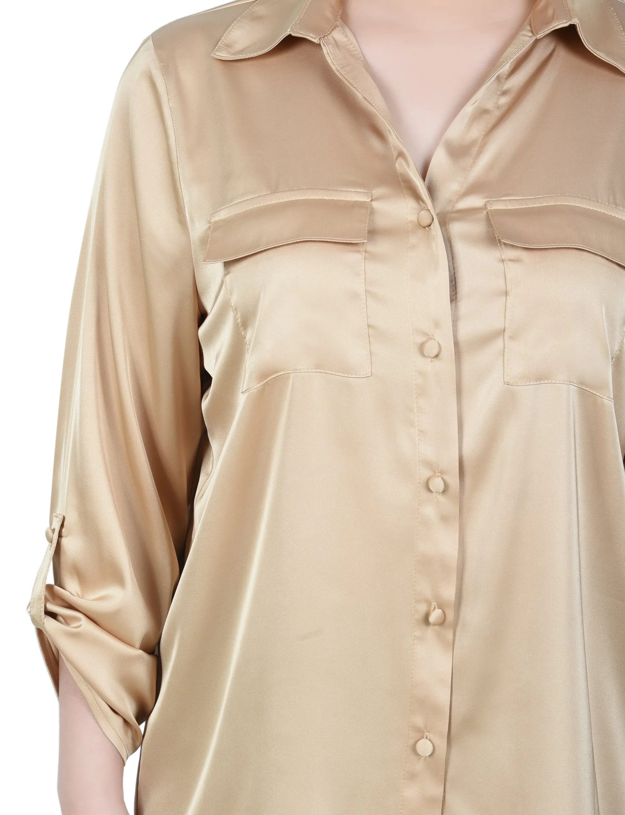 Petite 3/4 Sleeve Roll Tab Satin Blouse