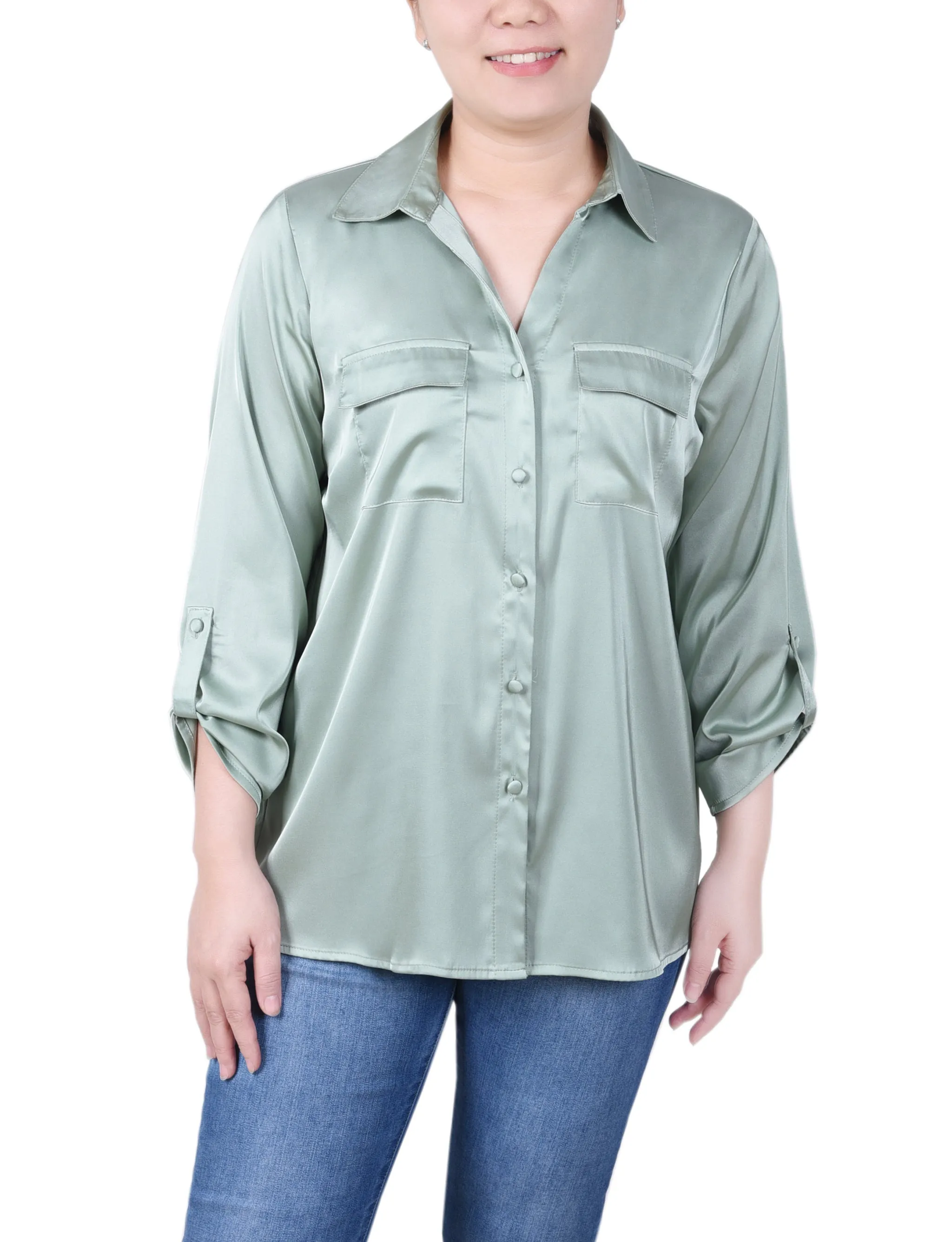 Petite 3/4 Sleeve Roll Tab Satin Blouse