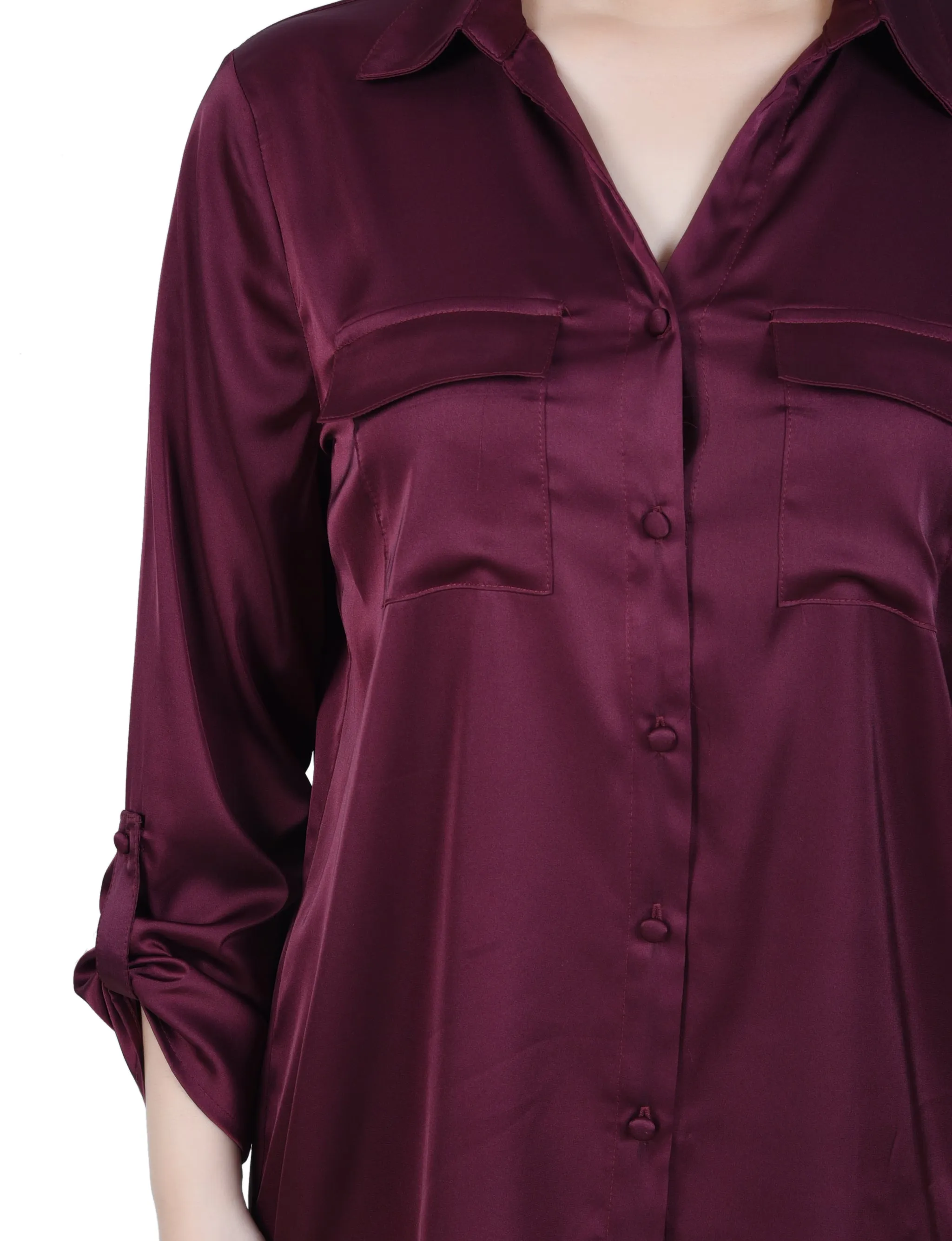 Petite 3/4 Sleeve Roll Tab Satin Blouse