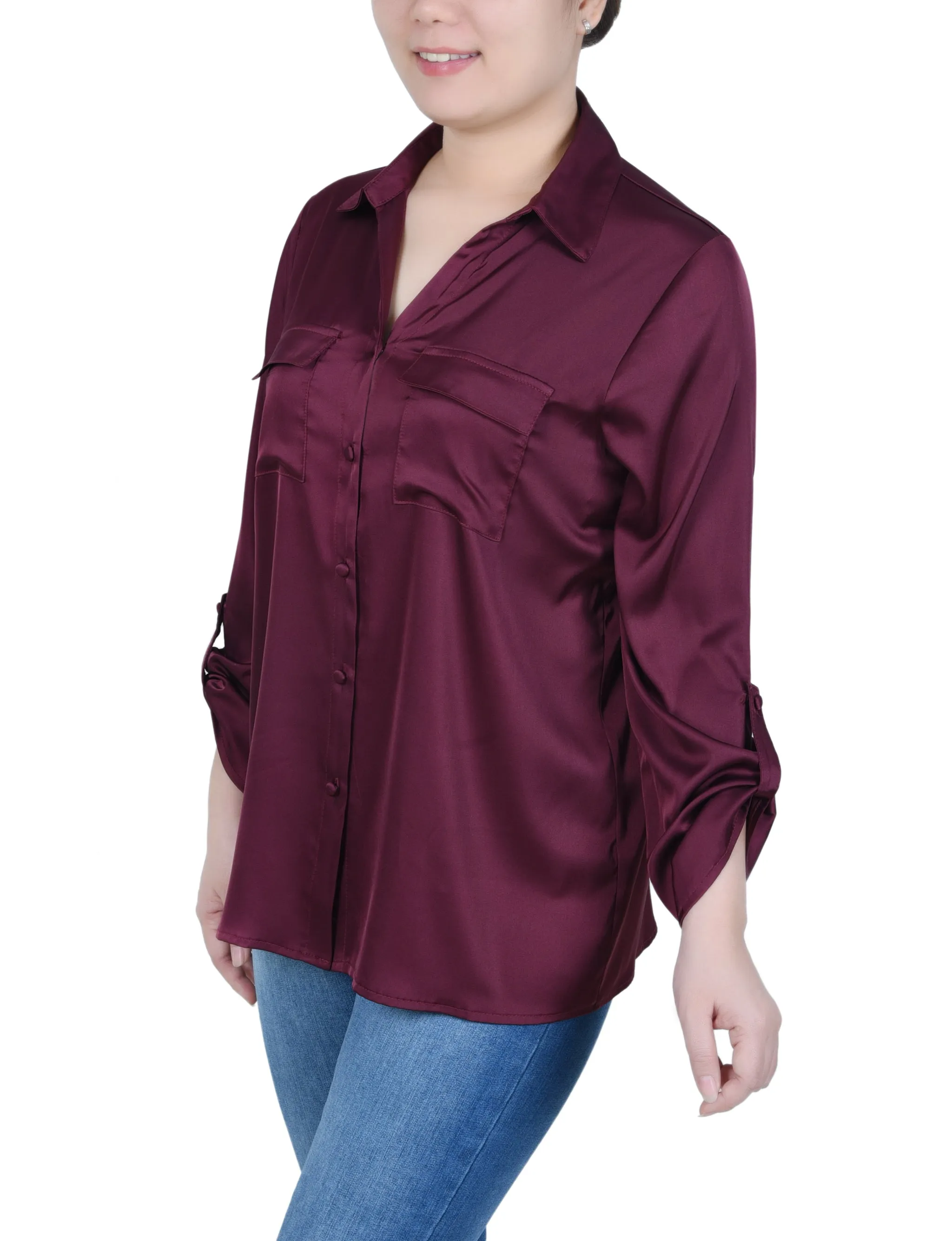 Petite 3/4 Sleeve Roll Tab Satin Blouse