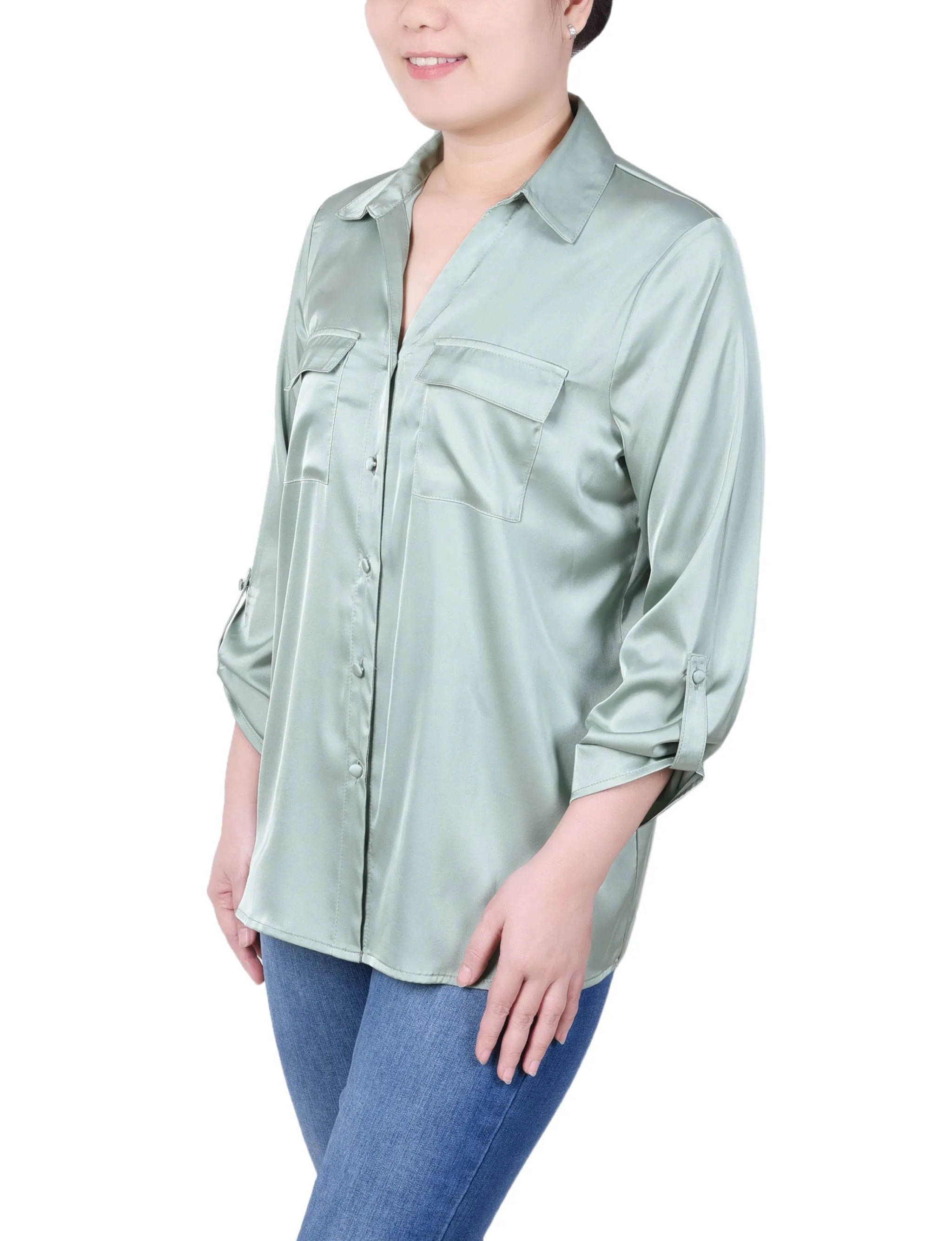 Petite 3/4 Sleeve Roll Tab Satin Blouse