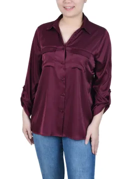 Petite 3/4 Sleeve Roll Tab Satin Blouse