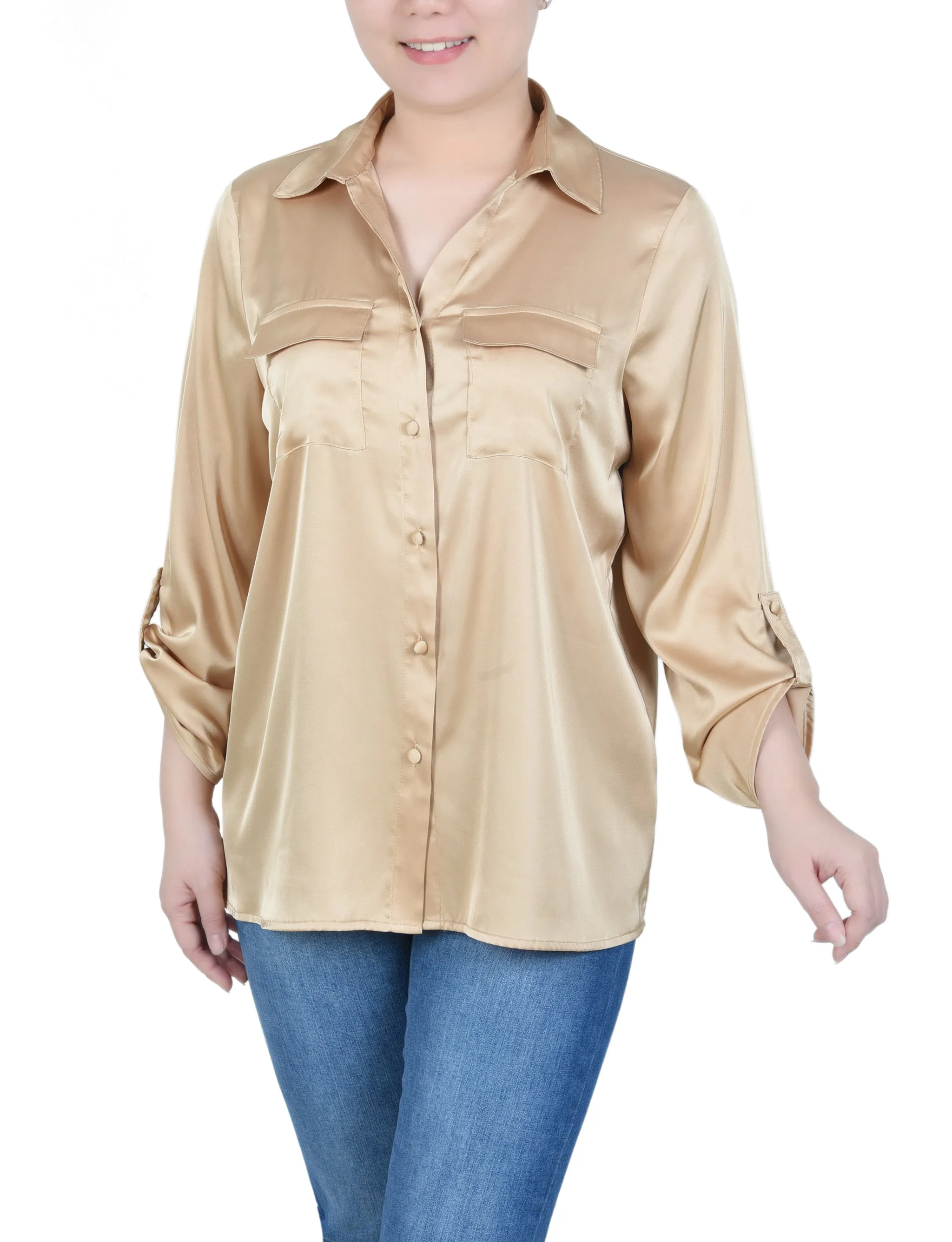 Petite 3/4 Sleeve Roll Tab Satin Blouse