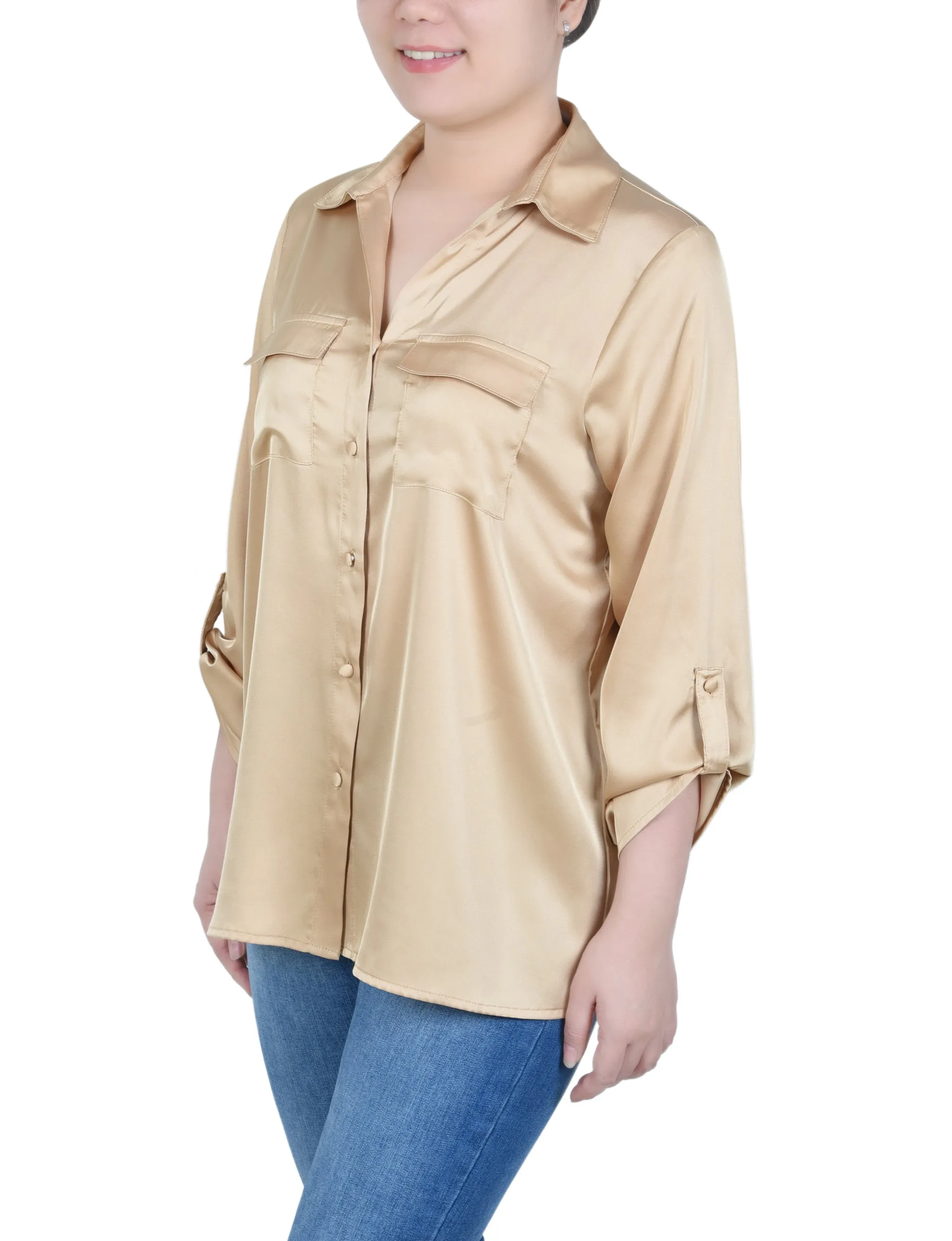 Petite 3/4 Sleeve Roll Tab Satin Blouse