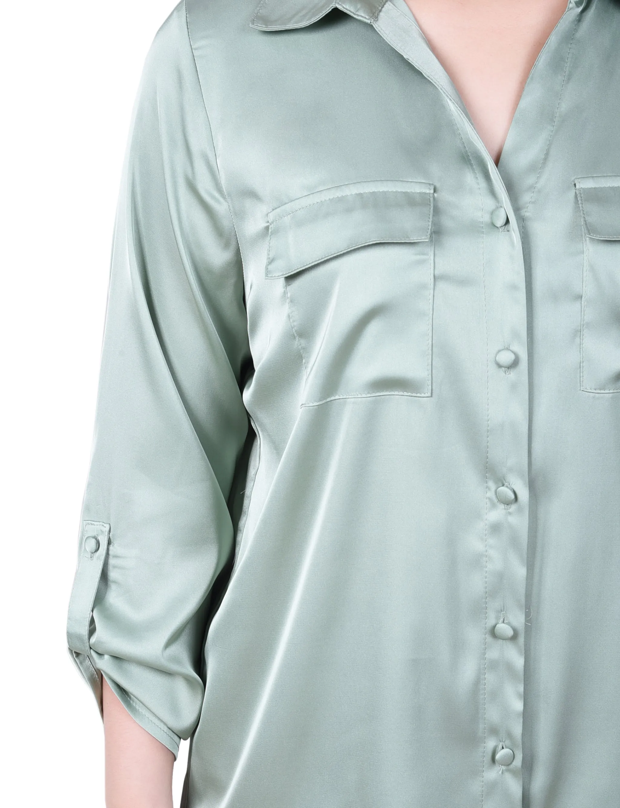 Petite 3/4 Sleeve Roll Tab Satin Blouse