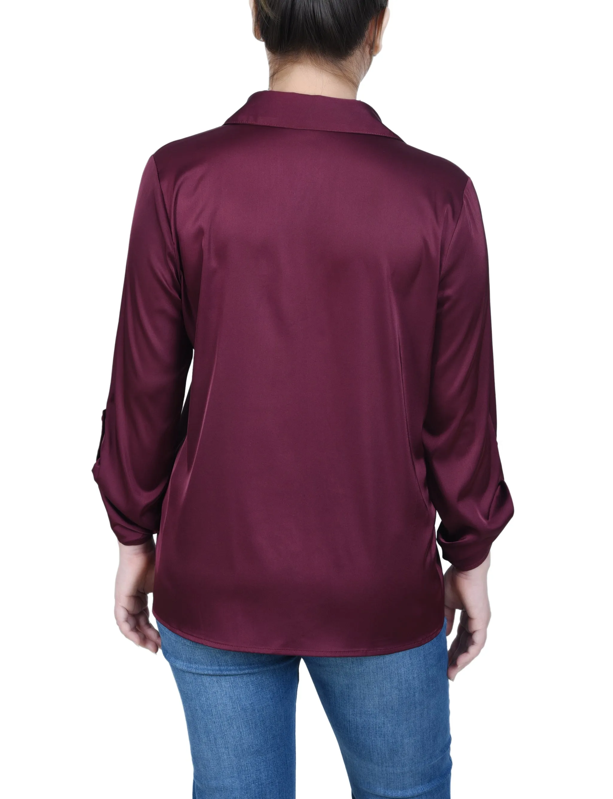 Petite 3/4 Sleeve Roll Tab Satin Blouse
