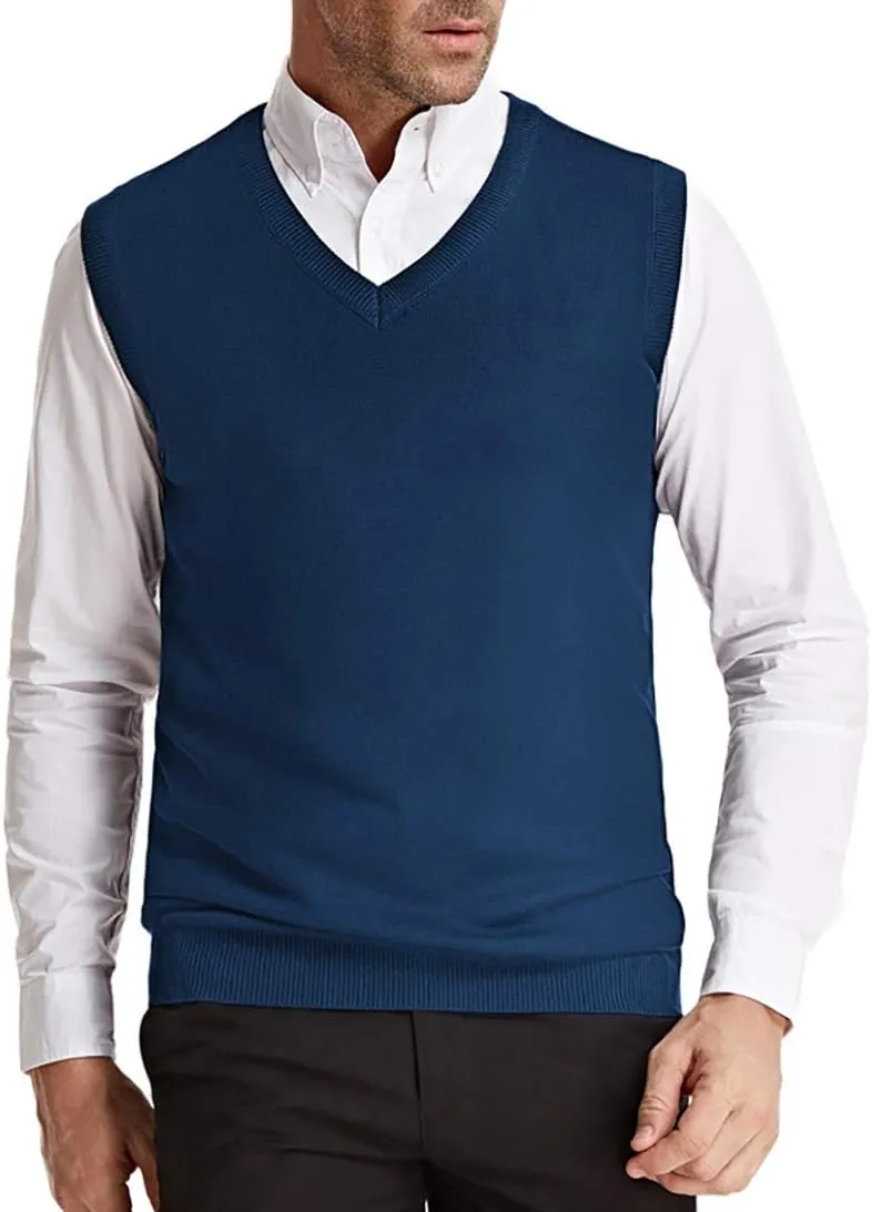 PJ PAUL JONES Mens V-Neck Knitted Sweater Vest Solid Plain Sleeveless Pullover Knitwear