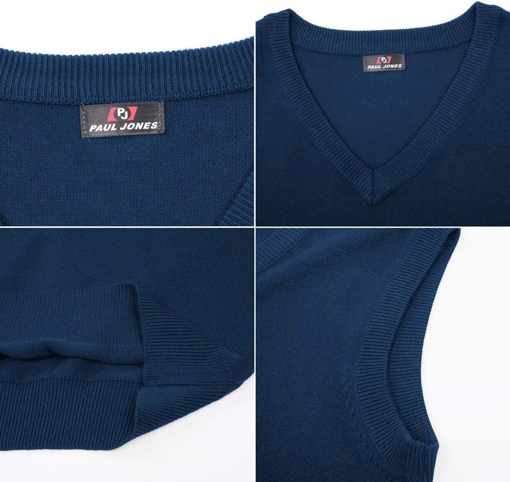 PJ PAUL JONES Mens V-Neck Knitted Sweater Vest Solid Plain Sleeveless Pullover Knitwear