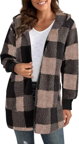 Plaid Shacket Women Sherpa Jacket Open Front Long Sleeve Hooded Cardigan Sweaters Casual Fall Fuzzy Teddy Bear Coat