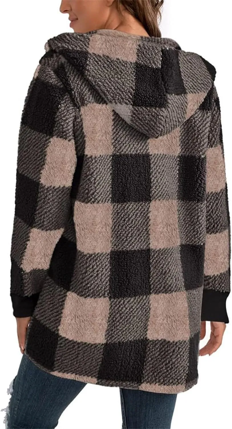 Plaid Shacket Women Sherpa Jacket Open Front Long Sleeve Hooded Cardigan Sweaters Casual Fall Fuzzy Teddy Bear Coat