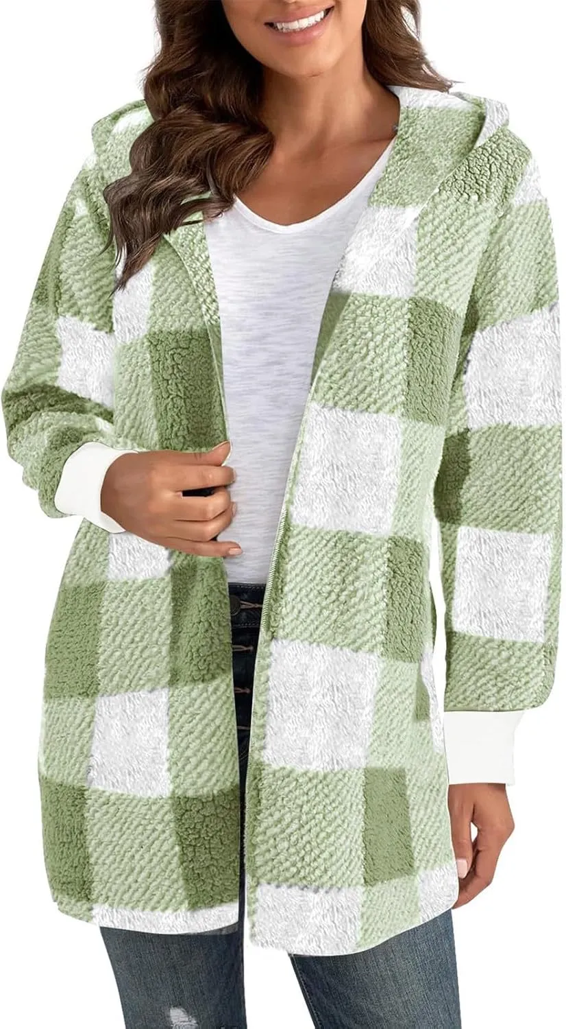 Plaid Shacket Women Sherpa Jacket Open Front Long Sleeve Hooded Cardigan Sweaters Casual Fall Fuzzy Teddy Bear Coat