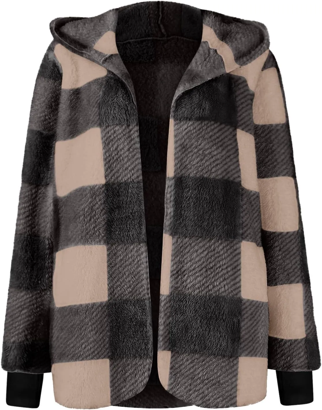 Plaid Shacket Women Sherpa Jacket Open Front Long Sleeve Hooded Cardigan Sweaters Casual Fall Fuzzy Teddy Bear Coat