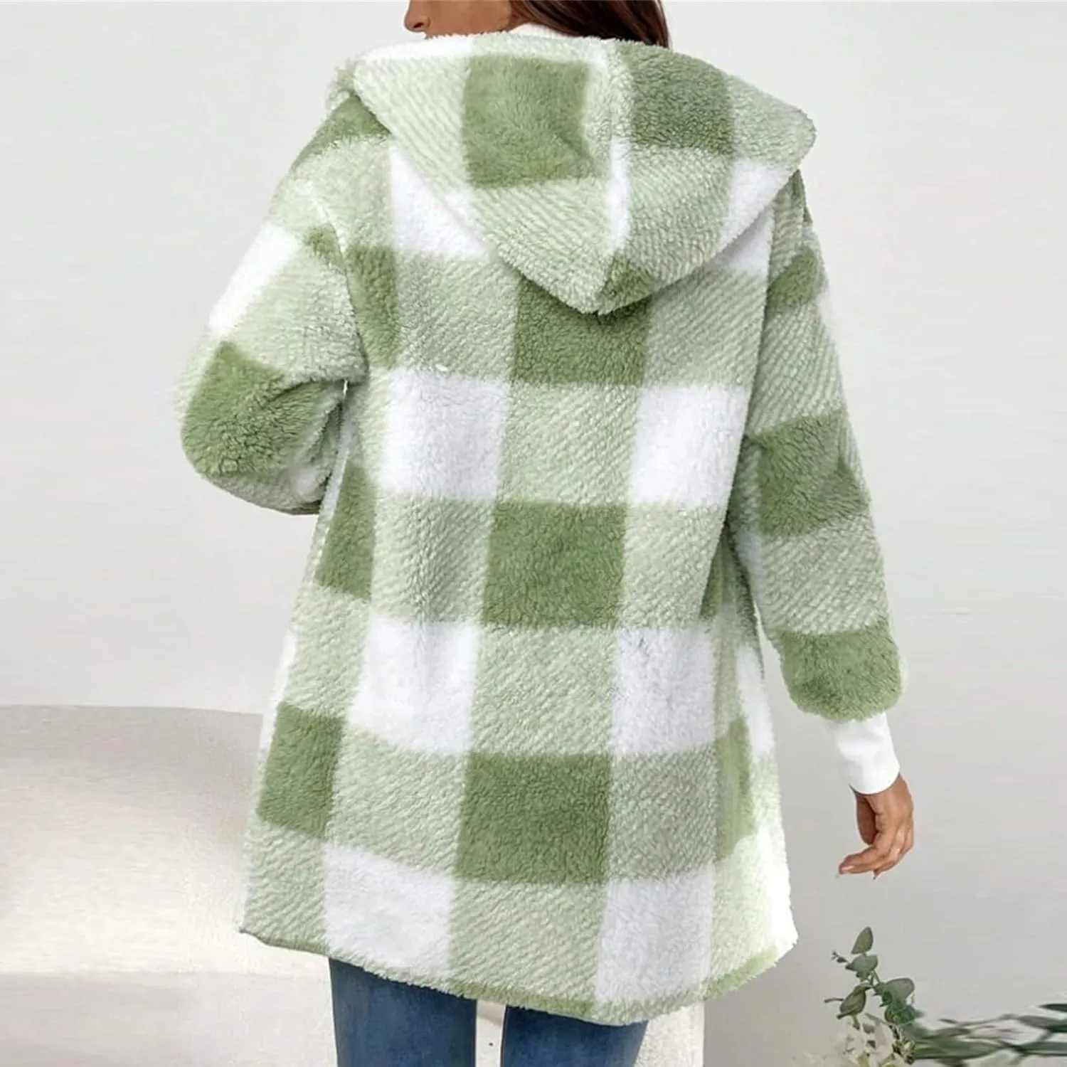 Plaid Shacket Women Sherpa Jacket Open Front Long Sleeve Hooded Cardigan Sweaters Casual Fall Fuzzy Teddy Bear Coat