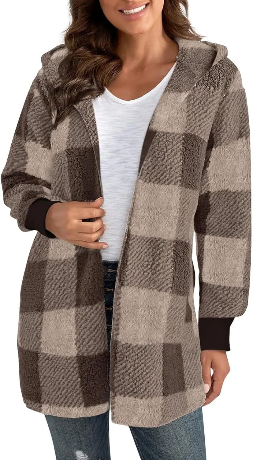 Plaid Shacket Women Sherpa Jacket Open Front Long Sleeve Hooded Cardigan Sweaters Casual Fall Fuzzy Teddy Bear Coat