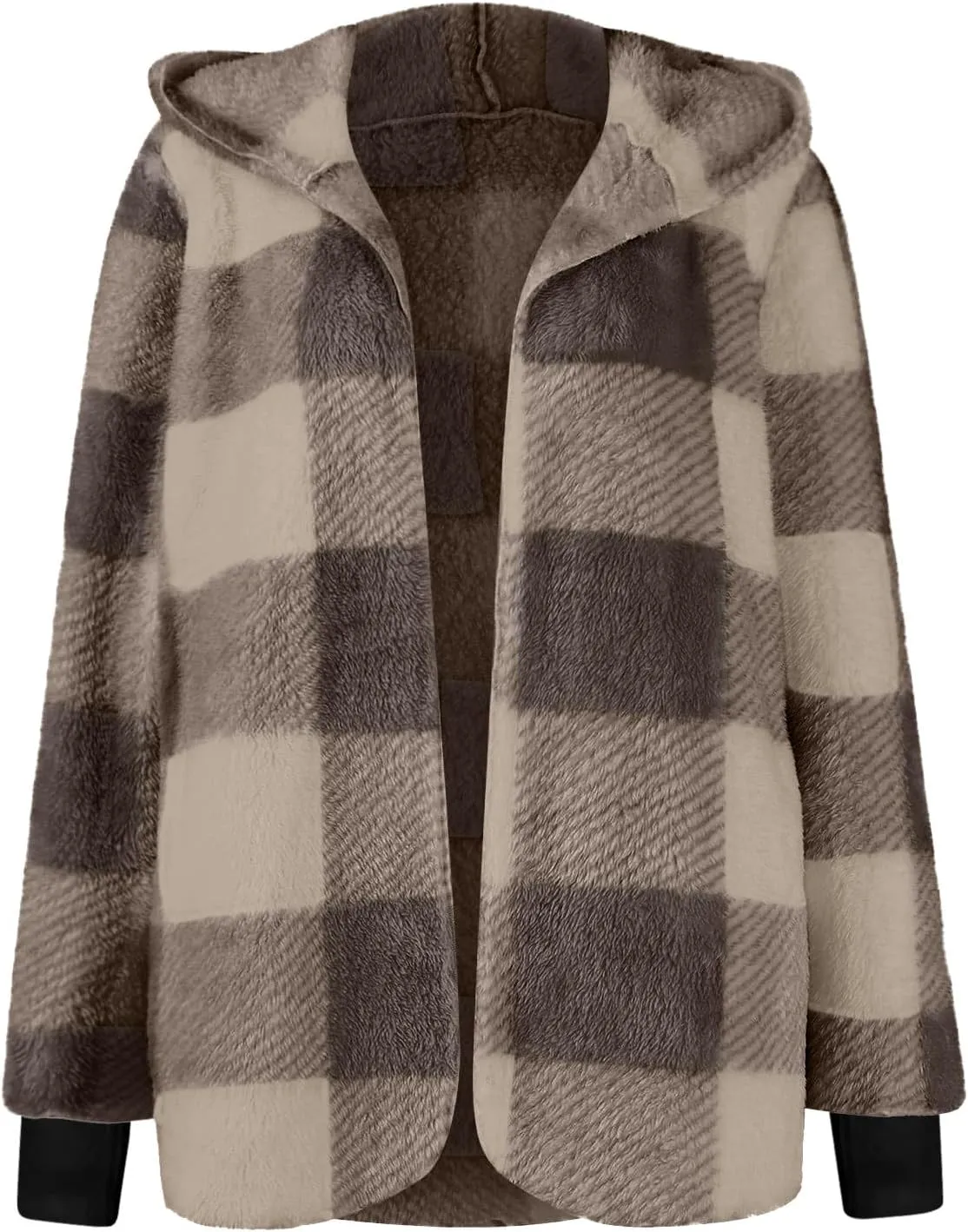 Plaid Shacket Women Sherpa Jacket Open Front Long Sleeve Hooded Cardigan Sweaters Casual Fall Fuzzy Teddy Bear Coat