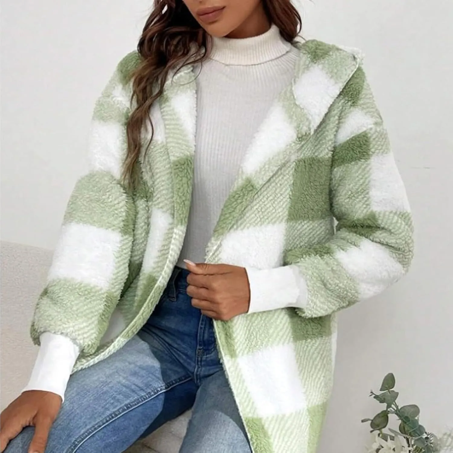 Plaid Shacket Women Sherpa Jacket Open Front Long Sleeve Hooded Cardigan Sweaters Casual Fall Fuzzy Teddy Bear Coat