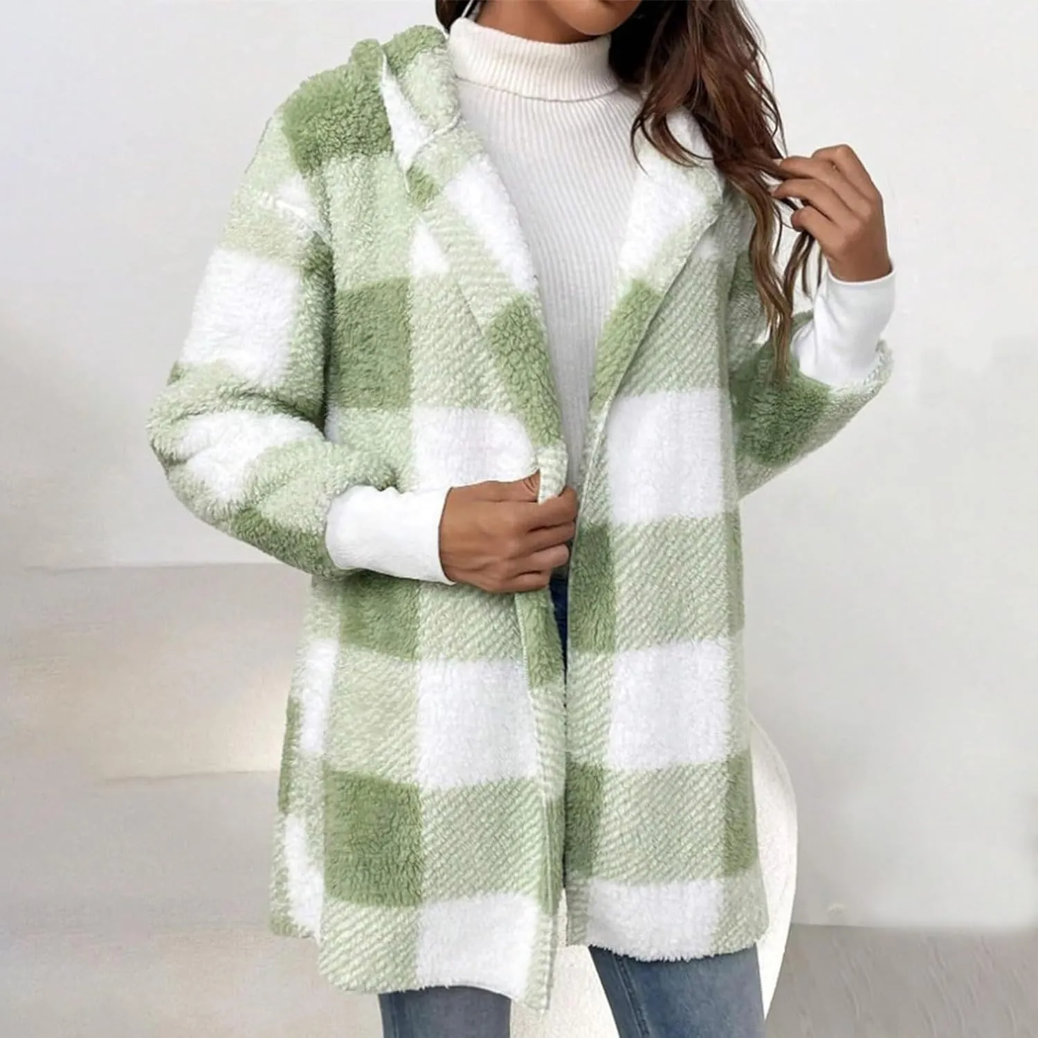Plaid Shacket Women Sherpa Jacket Open Front Long Sleeve Hooded Cardigan Sweaters Casual Fall Fuzzy Teddy Bear Coat