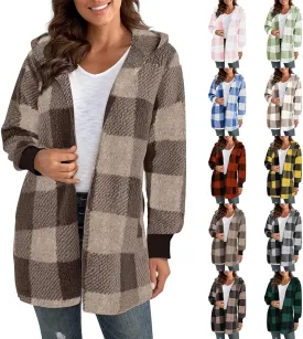 Plaid Shacket Women Sherpa Jacket Open Front Long Sleeve Hooded Cardigan Sweaters Casual Fall Fuzzy Teddy Bear Coat
