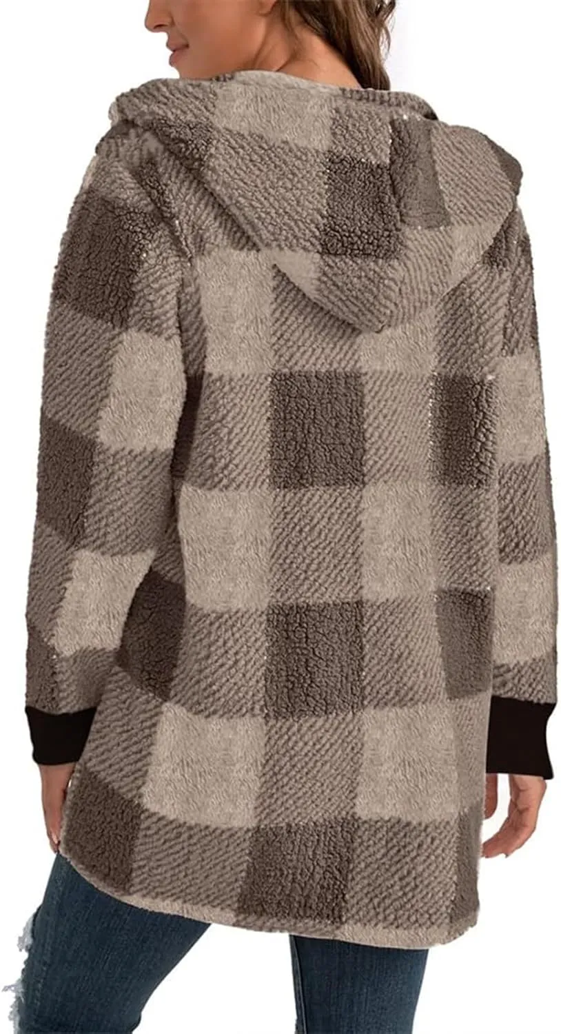 Plaid Shacket Women Sherpa Jacket Open Front Long Sleeve Hooded Cardigan Sweaters Casual Fall Fuzzy Teddy Bear Coat
