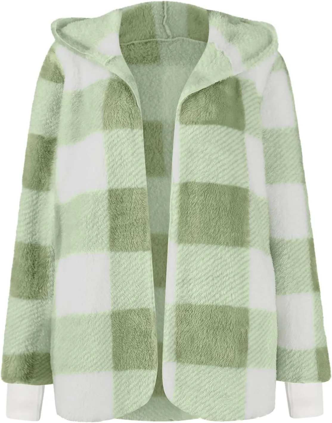 Plaid Shacket Women Sherpa Jacket Open Front Long Sleeve Hooded Cardigan Sweaters Casual Fall Fuzzy Teddy Bear Coat