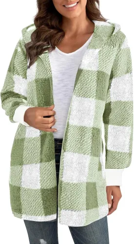 Plaid Shacket Women Sherpa Jacket Open Front Long Sleeve Hooded Cardigan Sweaters Casual Fall Fuzzy Teddy Bear Coat