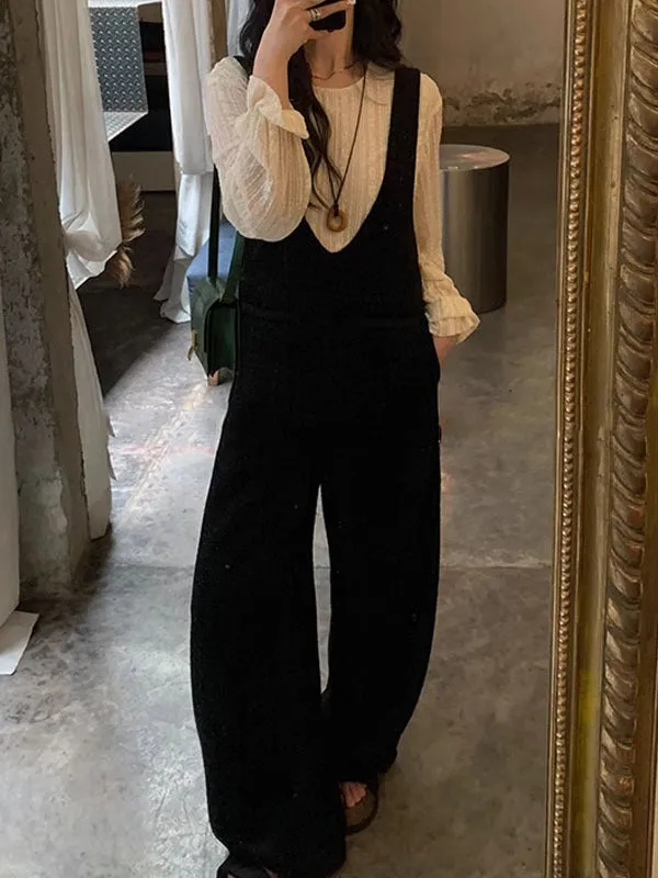 Pockets Solid Color Loose Sleeveless Collarless Overalls