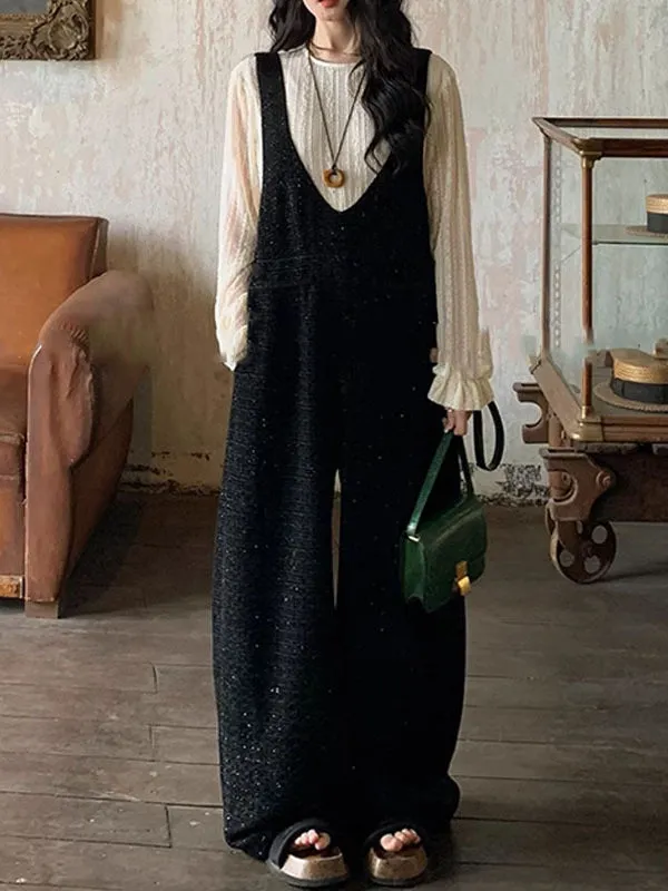 Pockets Solid Color Loose Sleeveless Collarless Overalls