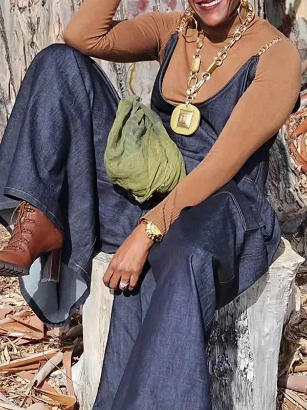 Pockets Split-Joint Loose Sleeveless Spaghetti-Neck Overalls