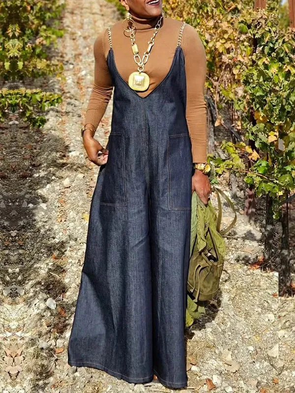 Pockets Split-Joint Loose Sleeveless Spaghetti-Neck Overalls