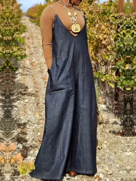 Pockets Split-Joint Loose Sleeveless Spaghetti-Neck Overalls